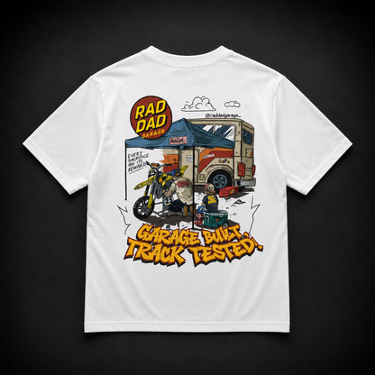 Women's "Garage Built, Track Tested"  White Boxy Tee